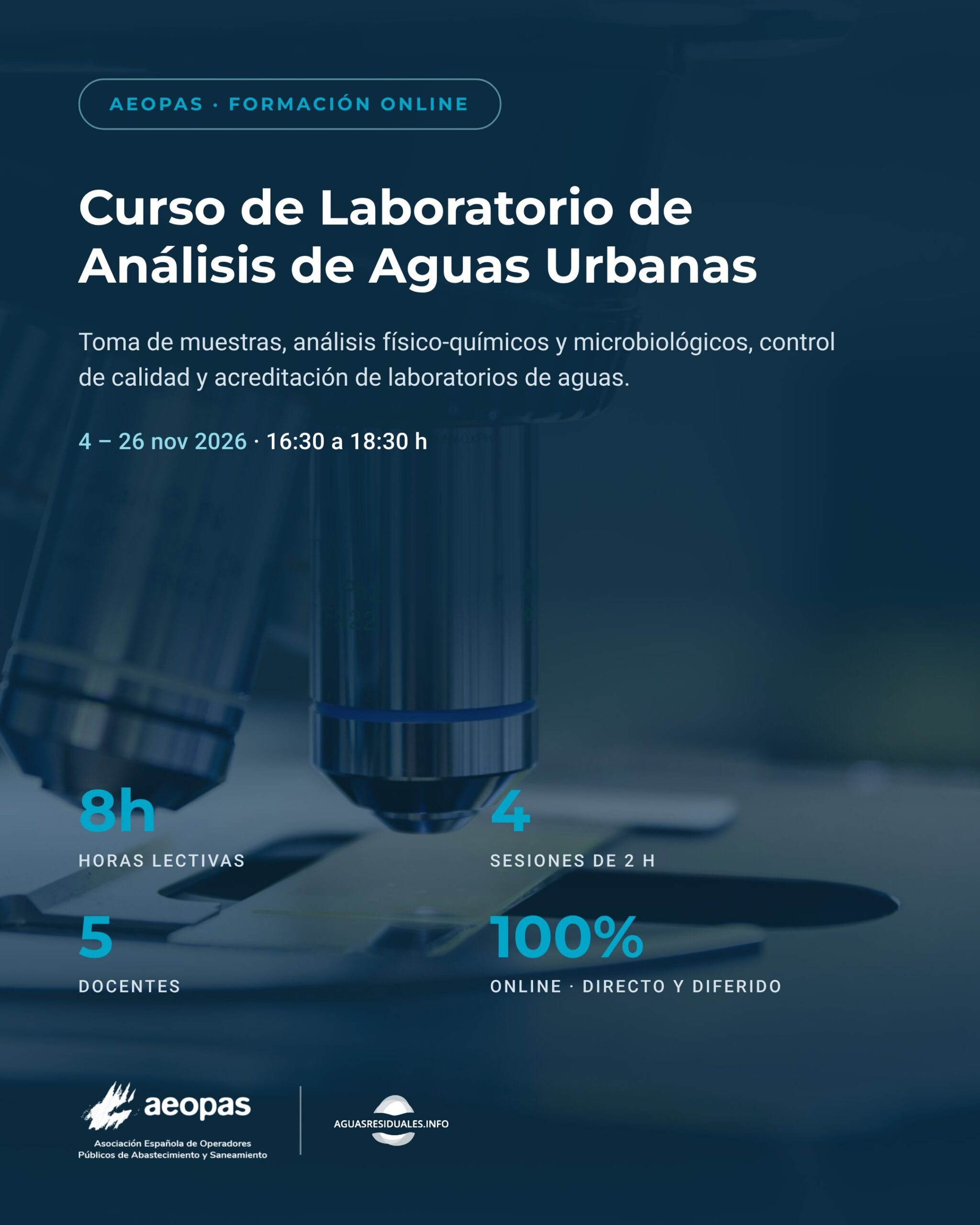 Curso de Laboratorio de Análisis de Aguas Urbanas de AEOPAS: 8 horas lectivas en 4 sesiones online, en directo y en diferido, del 4 al 26 de noviembre de 2026. Organizan AEOPAS y Aguasresiduales.info