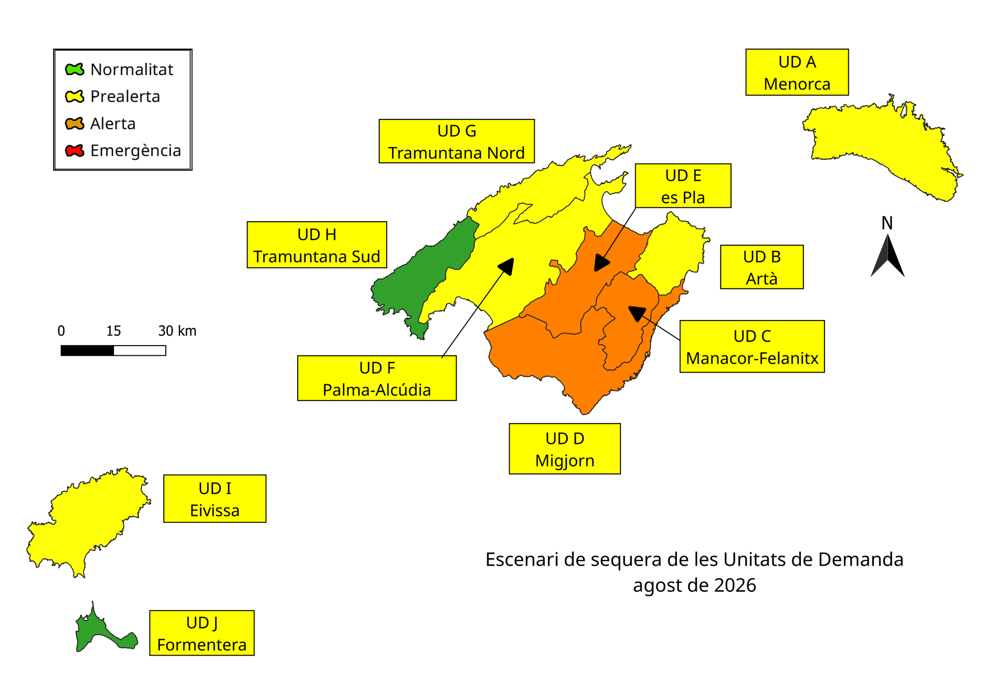 Mapa de los escenarios de sequía de las unidades de demanda de las Illes Balears en agosto de 2026