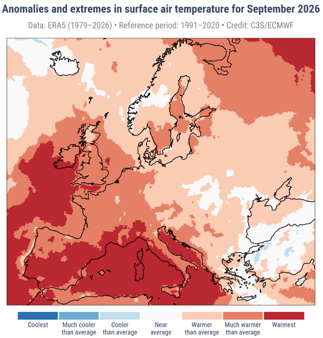 Mapa de Europa con las anomalías de temperatura del aire en superficie en septiembre de 2026, C3S/ECMWF