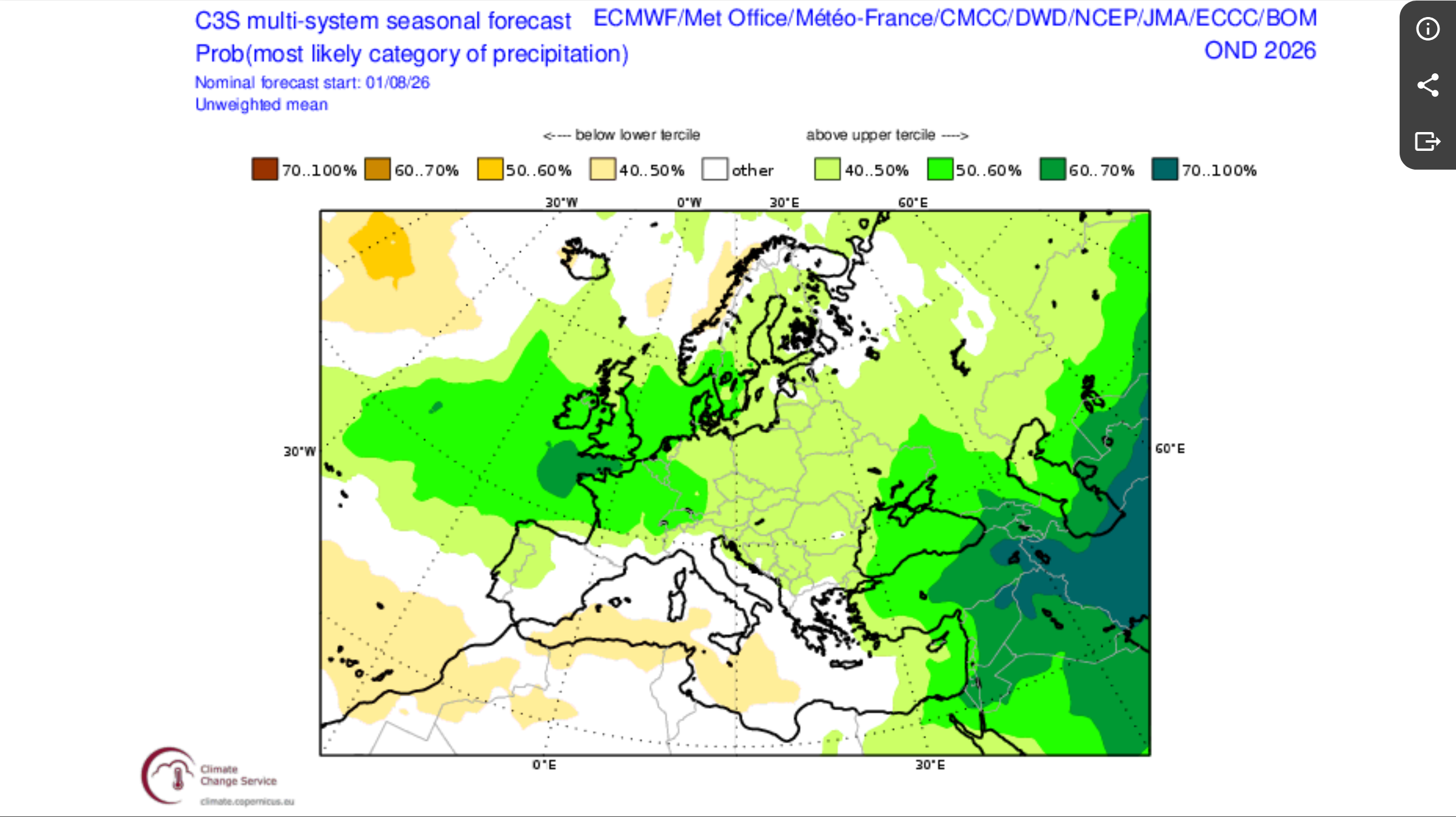 Mapa de Europa del C3S con la categoría más probable de precipitación para octubre-diciembre de 2026