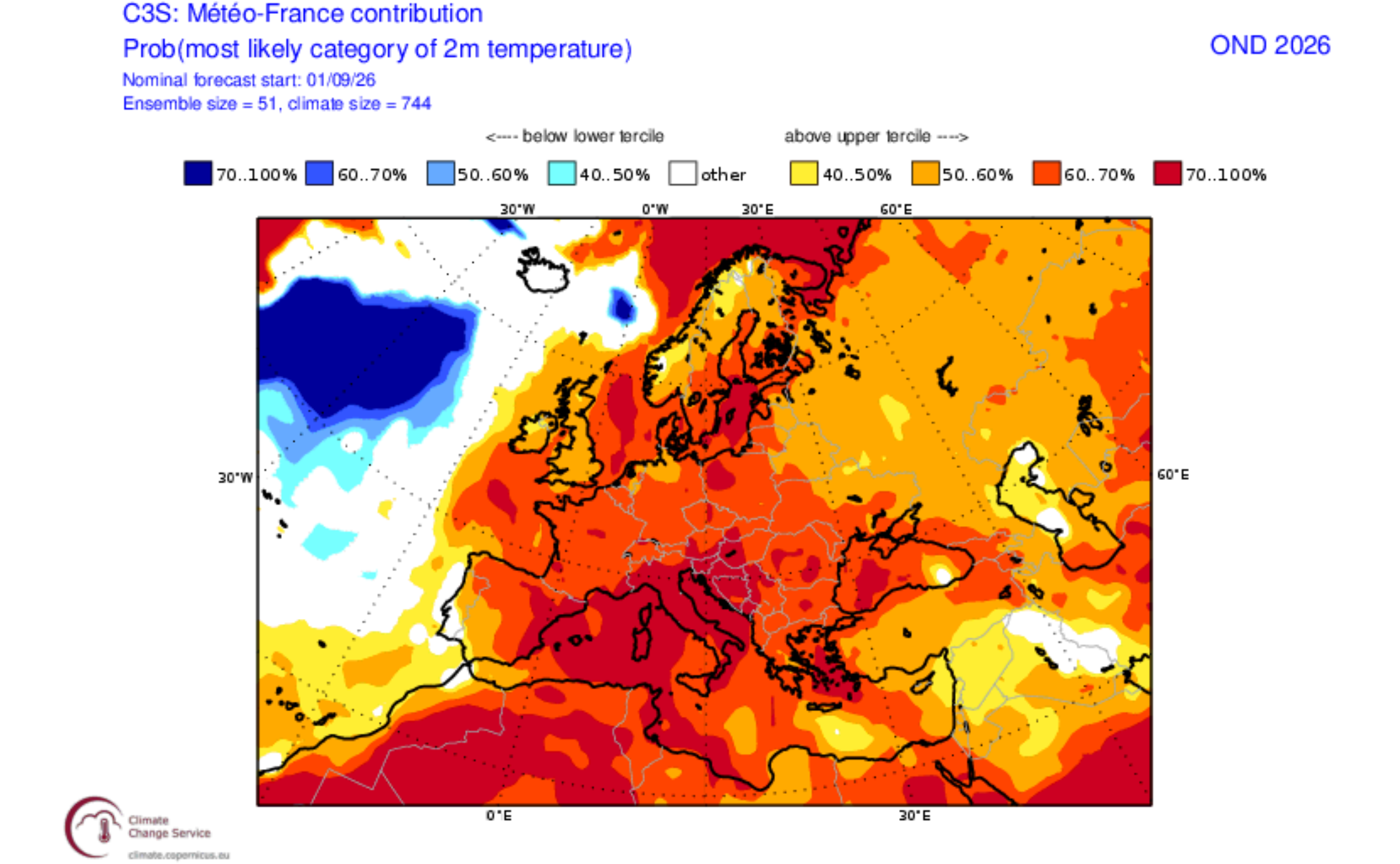 Mapa de Europa del C3S con la categoría más probable de temperatura para octubre-diciembre de 2026