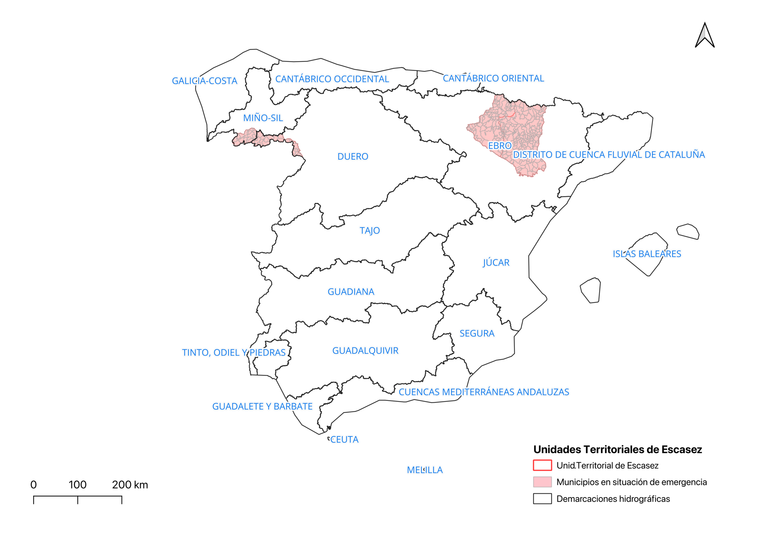 Mapa de las unidades territoriales de escasez y municipios en situación de emergencia en septiembre de 2026