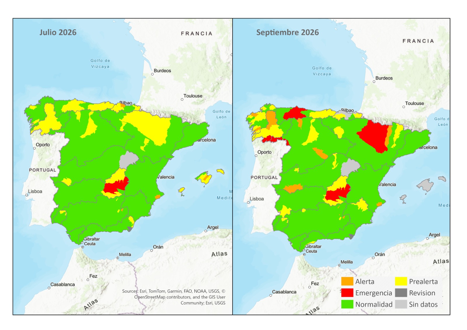 Mapas de los escenarios de escasez por unidad territorial en julio y septiembre de 2026
