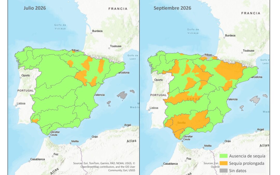 Mapas de las unidades territoriales de sequía en sequía prolongada en julio y septiembre de 2026