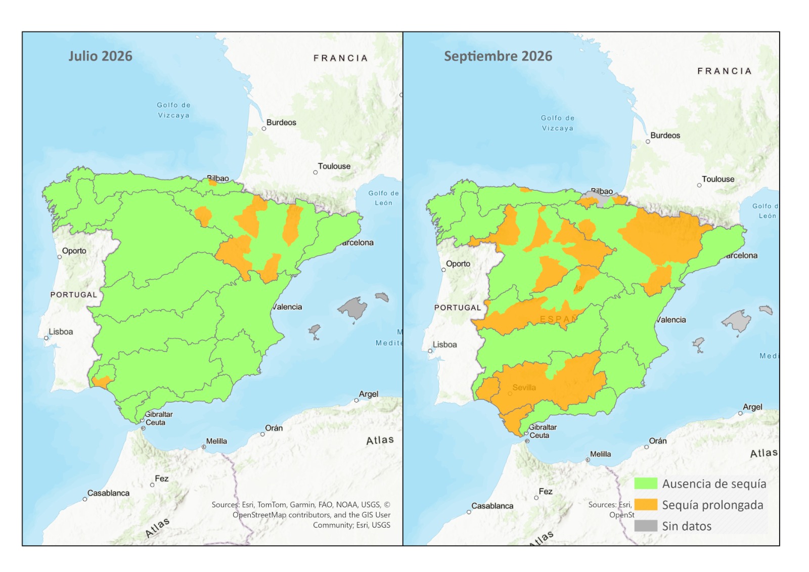 Mapas de las unidades territoriales de sequía en sequía prolongada en julio y septiembre de 2026