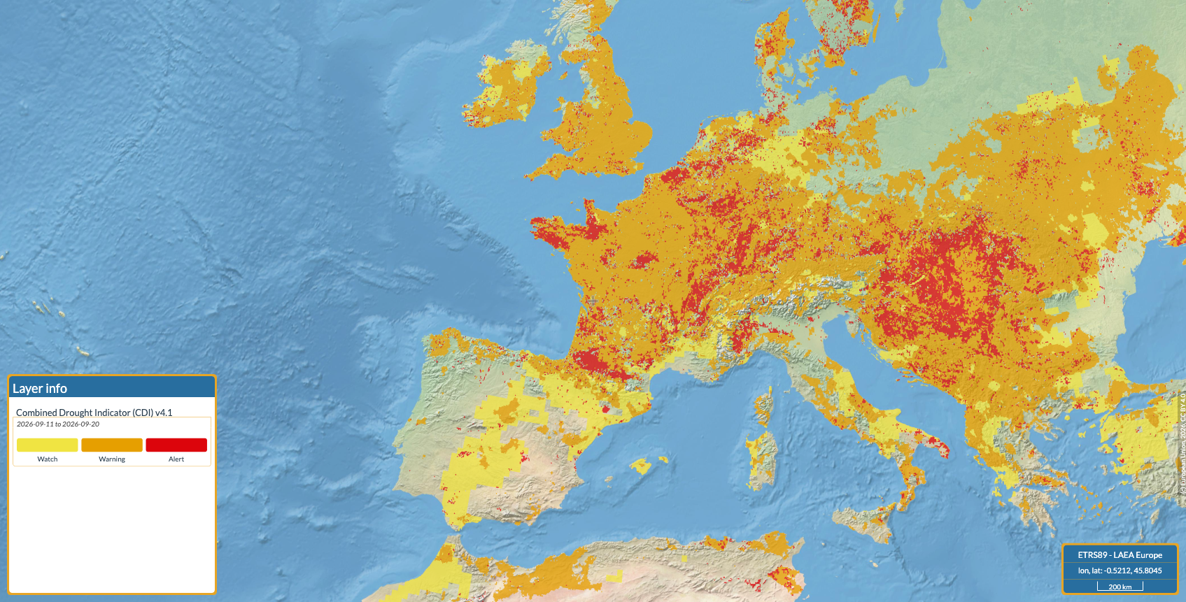 Mapa del Indicador Combinado de Sequía del Observatorio Europeo de la Sequía, septiembre de 2026